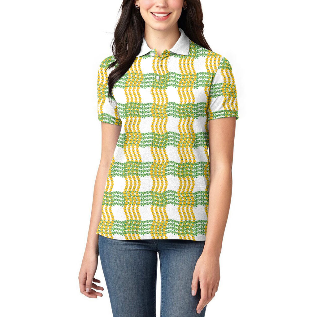 Aloha Hawaii Ilima Maile Lei Women Polo Shirt Palaka Inspired Hawaiian-plaid White