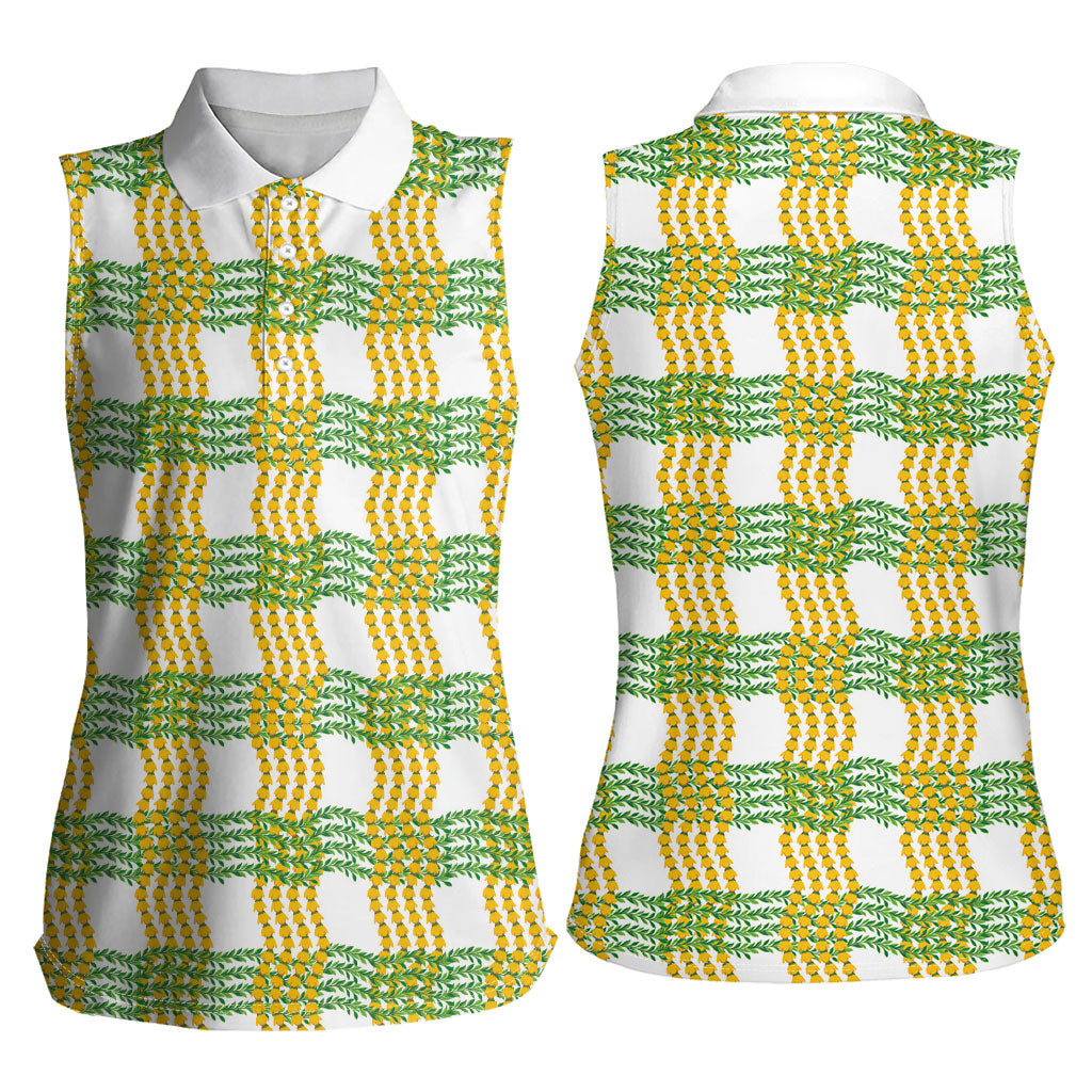 Aloha Hawaii Ilima Maile Lei Women Sleeveless Polo Shirt Palaka Inspired Hawaiian-plaid White