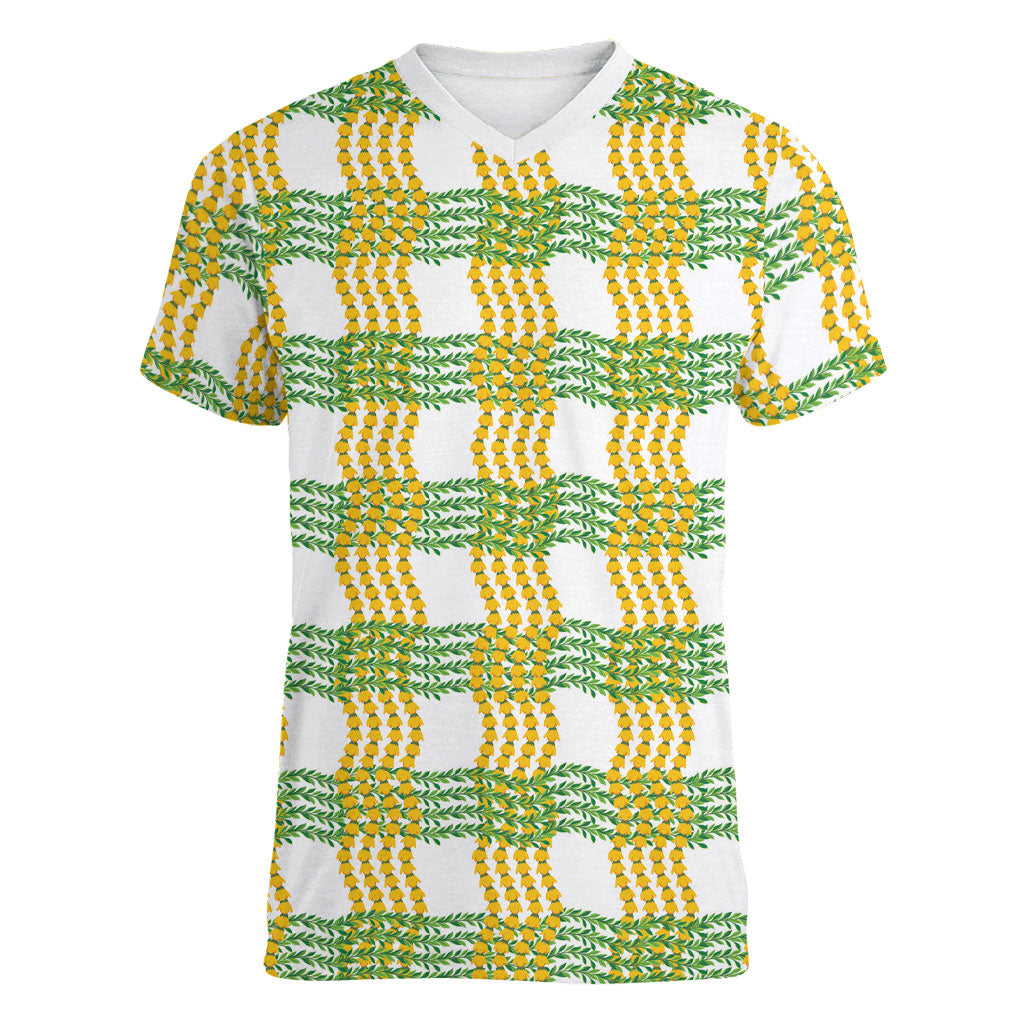Aloha Hawaii Ilima Maile Lei Women V-Neck T-Shirt Palaka Inspired Hawaiian-plaid White