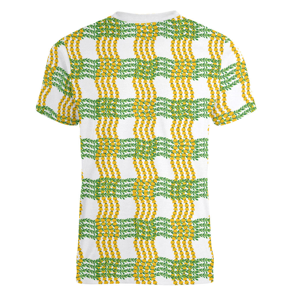 Aloha Hawaii Ilima Maile Lei Women V-Neck T-Shirt Palaka Inspired Hawaiian-plaid White