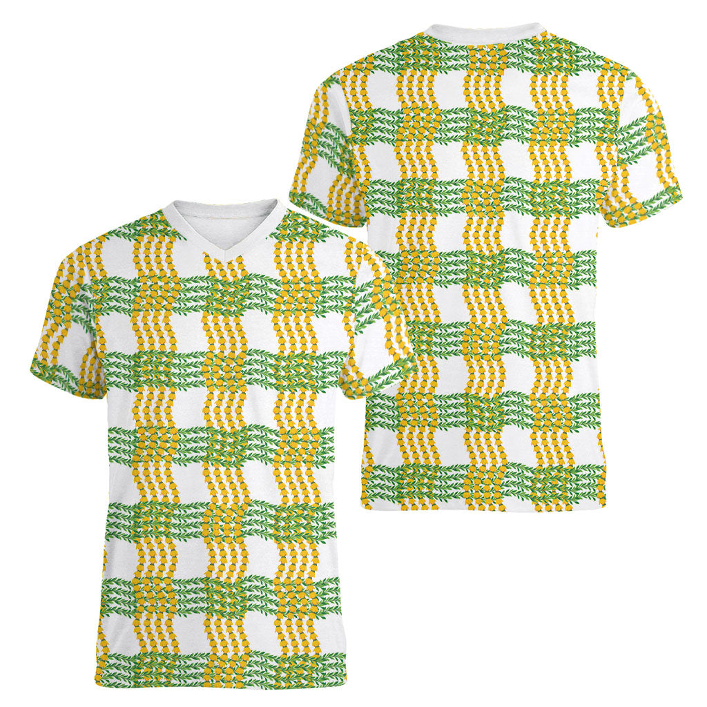 Aloha Hawaii Ilima Maile Lei Women V-Neck T-Shirt Palaka Inspired Hawaiian-plaid White
