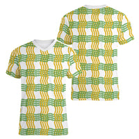 Aloha Hawaii Ilima Maile Lei Women V-Neck T-Shirt Palaka Inspired Hawaiian-plaid White