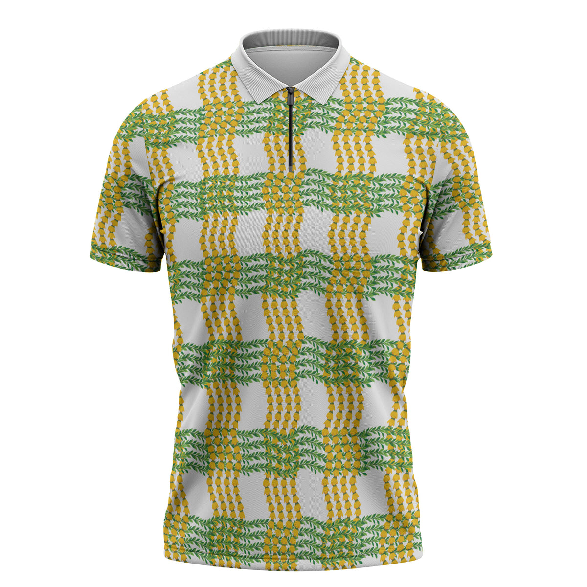 Aloha Hawaii Ilima Maile Lei Zipper Polo Shirt Palaka Inspired Hawaiian-plaid White