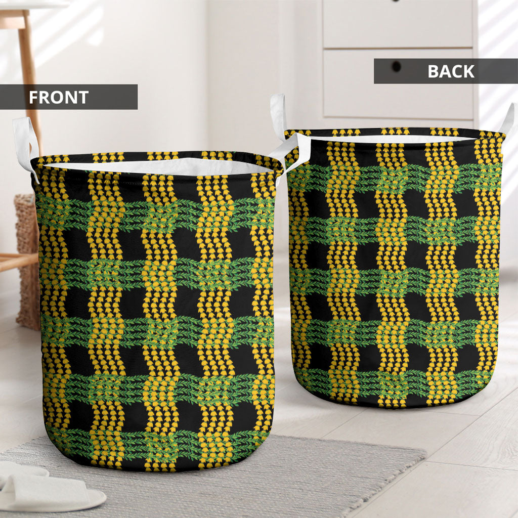 Aloha Hawaii Ilima Maile Lei Laundry Basket Palaka Inspired Hawaiian-plaid Black
