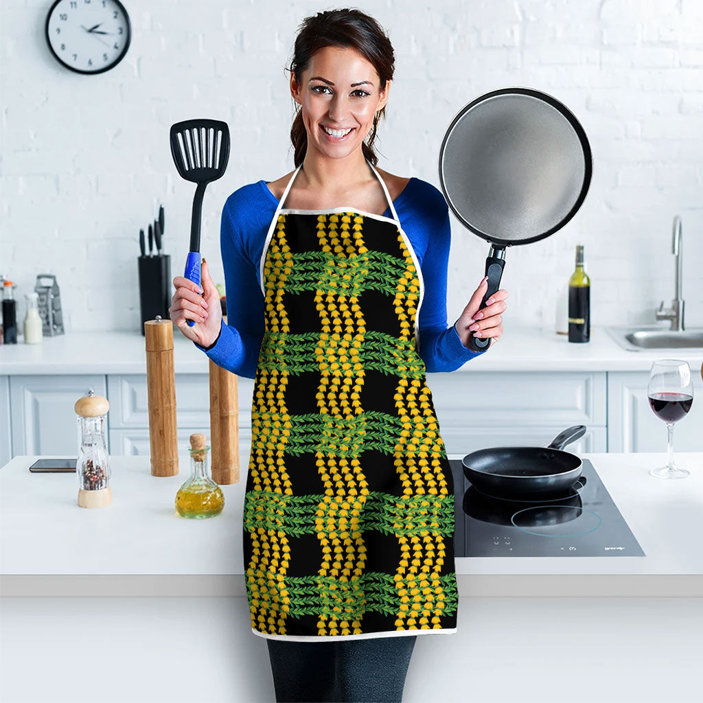 Aloha Hawaii Ilima Maile Lei Apron Palaka Inspired Hawaiian-plaid Black
