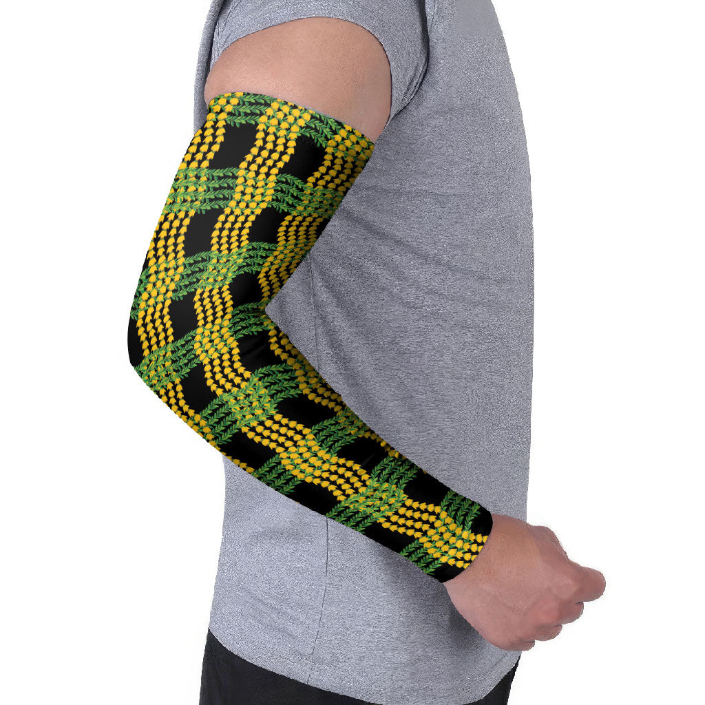 Aloha Hawaii Ilima Maile Lei Arm Sleeves Palaka Inspired Hawaiian-plaid Black