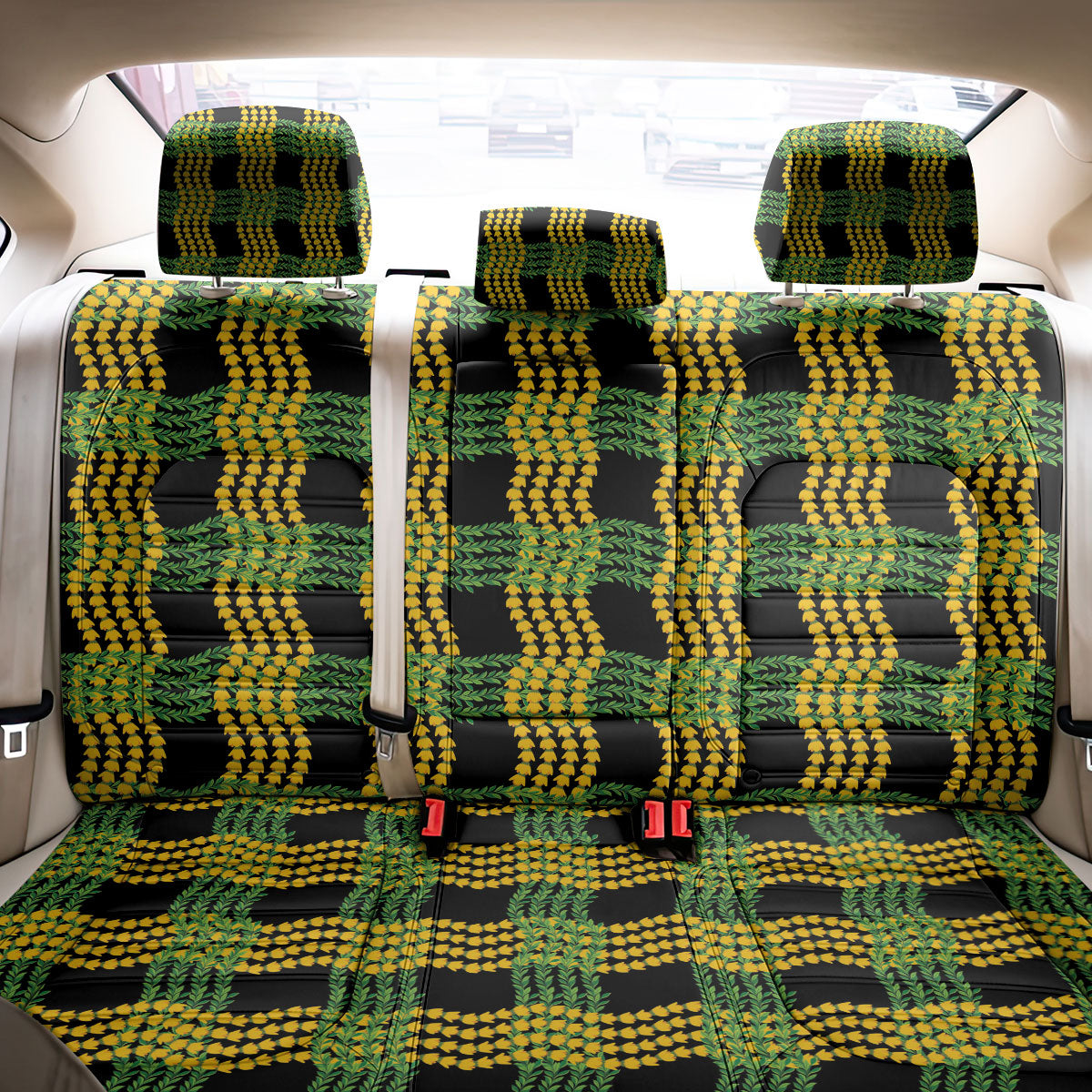 Aloha Hawaii Ilima Maile Lei Back Car Seat Cover Palaka Inspired Hawaiian-plaid Black