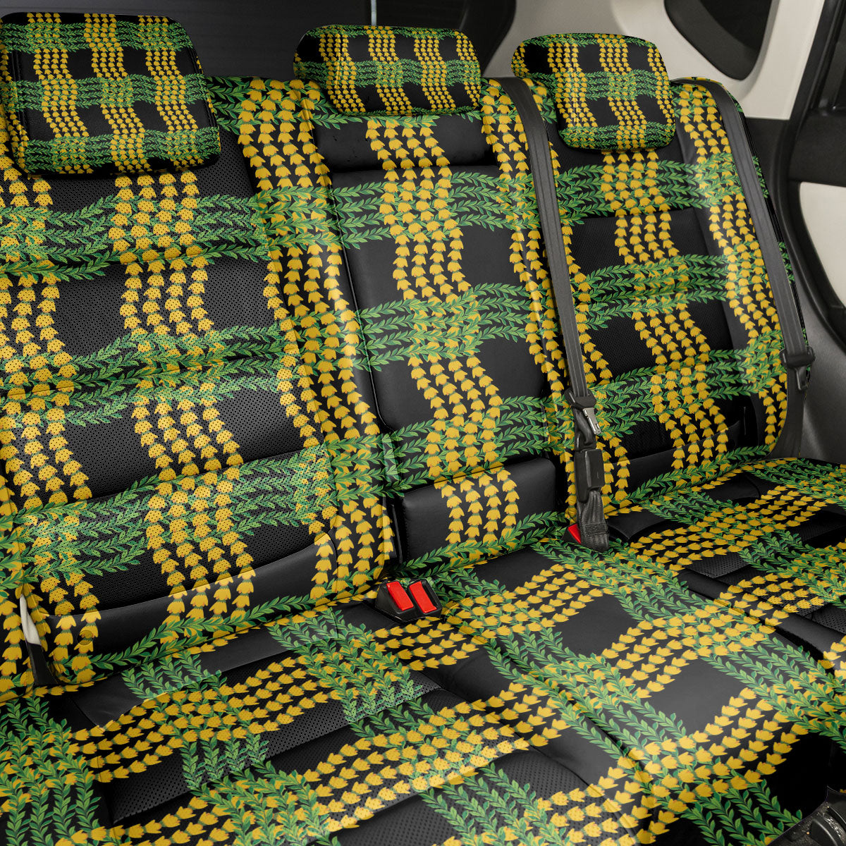 Aloha Hawaii Ilima Maile Lei Back Car Seat Cover Palaka Inspired Hawaiian-plaid Black