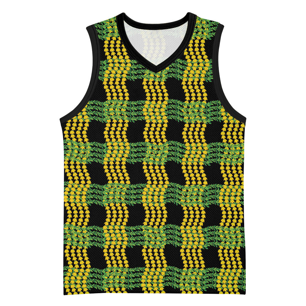Aloha Hawaii Ilima Maile Lei Basketball Jersey Palaka Inspired Hawaiian-plaid Black