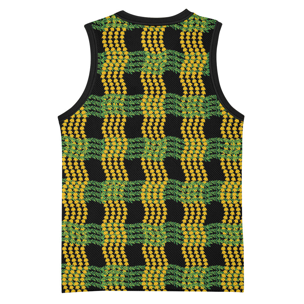 Aloha Hawaii Ilima Maile Lei Basketball Jersey Palaka Inspired Hawaiian-plaid Black