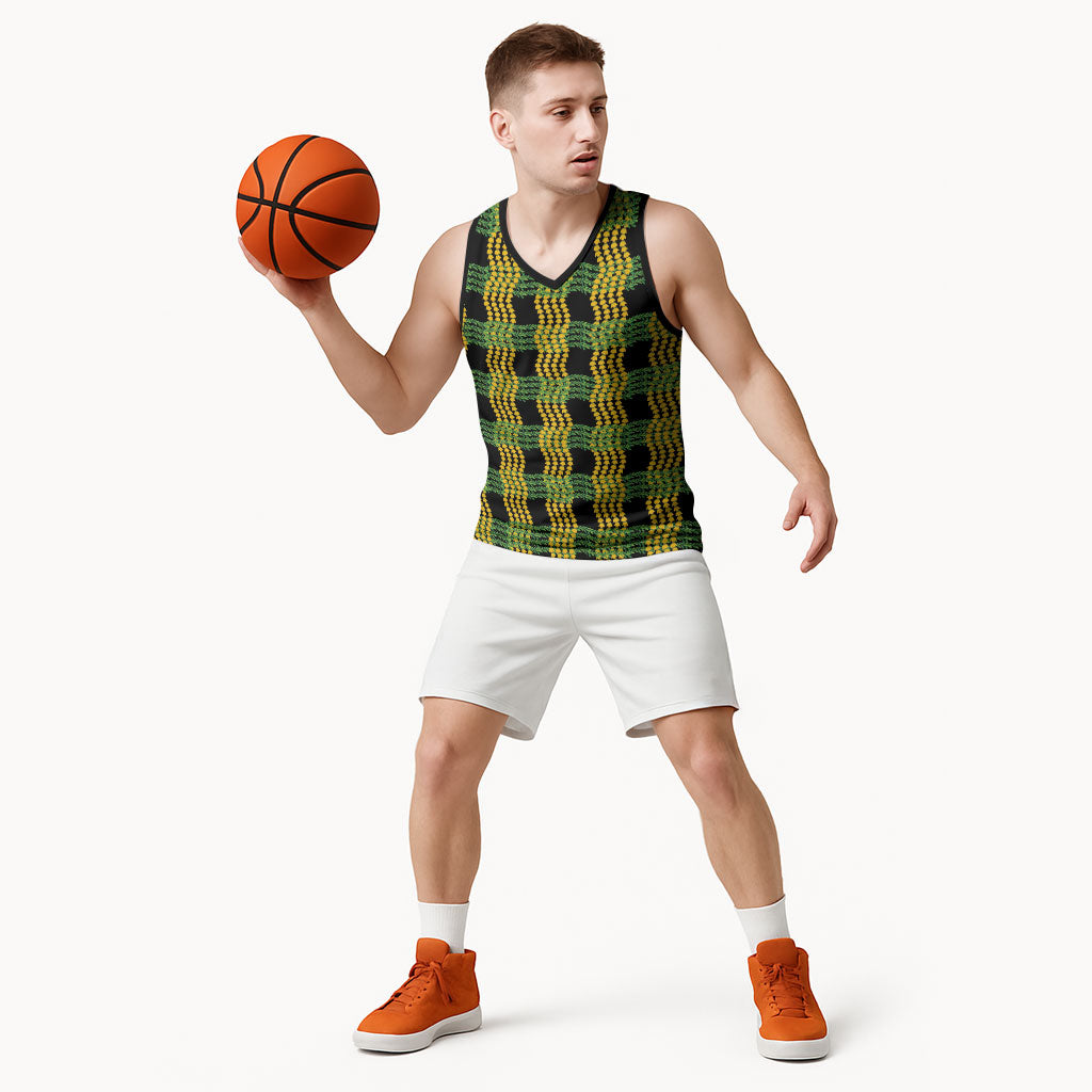 Aloha Hawaii Ilima Maile Lei Basketball Jersey Palaka Inspired Hawaiian-plaid Black