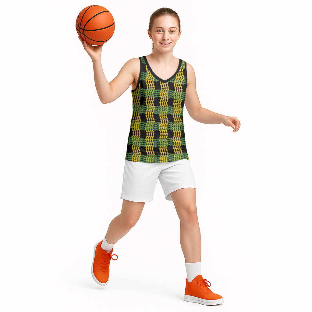 Aloha Hawaii Ilima Maile Lei Basketball Jersey Palaka Inspired Hawaiian-plaid Black