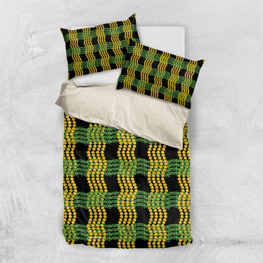 Aloha Hawaii Ilima Maile Lei Bedding Set Palaka Inspired Hawaiian-plaid Black