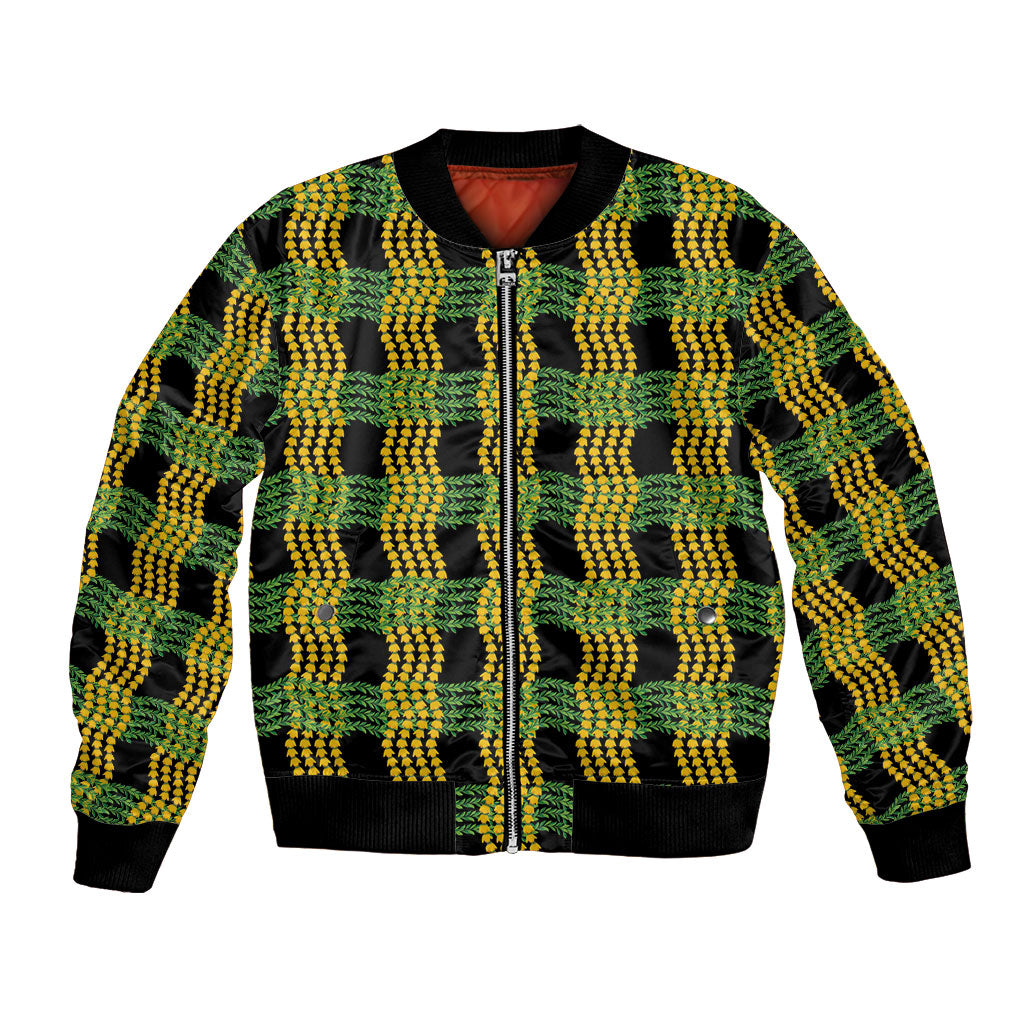 Aloha Hawaii Ilima Maile Lei Bomber Jacket Palaka Inspired Hawaiian-plaid Black LT14 Unisex Black - Polynesian Pride