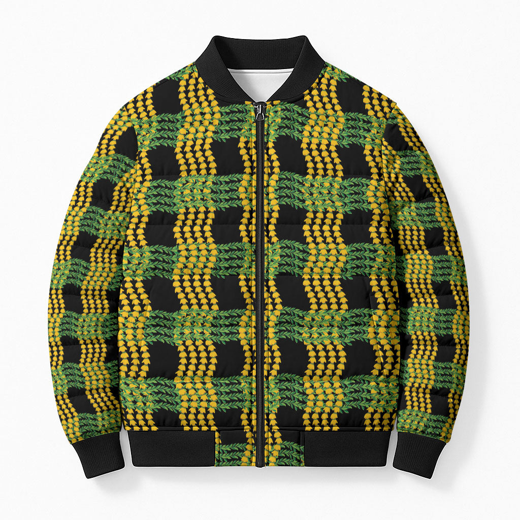 Aloha Hawaii Ilima Maile Lei Bomber Puffer Jacket Palaka Inspired Hawaiian-plaid Black LT14 Unisex Black - Polynesian Pride