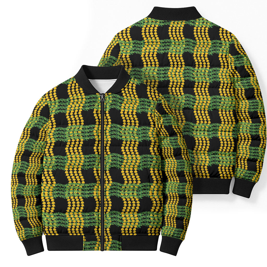 Aloha Hawaii Ilima Maile Lei Bomber Puffer Jacket Palaka Inspired Hawaiian-plaid Black