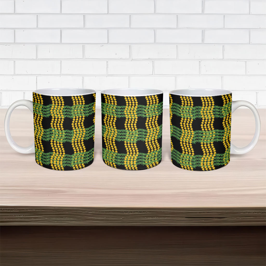 Aloha Hawaii Ilima Maile Lei Ceramic Mug Palaka Inspired Hawaiian-plaid Black