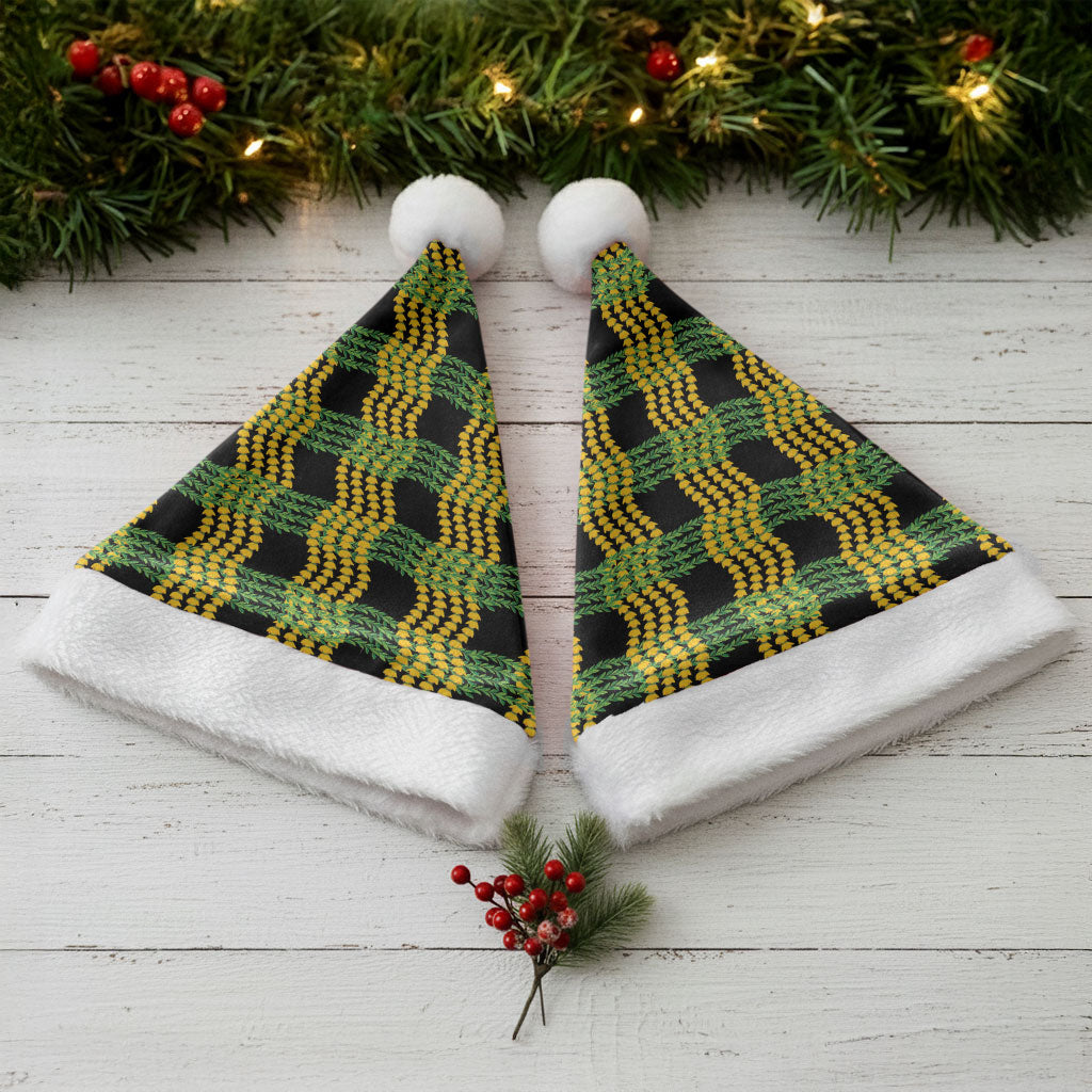Aloha Hawaii Ilima Maile Lei Christmas Santa Hat Palaka Inspired Hawaiian-plaid Black
