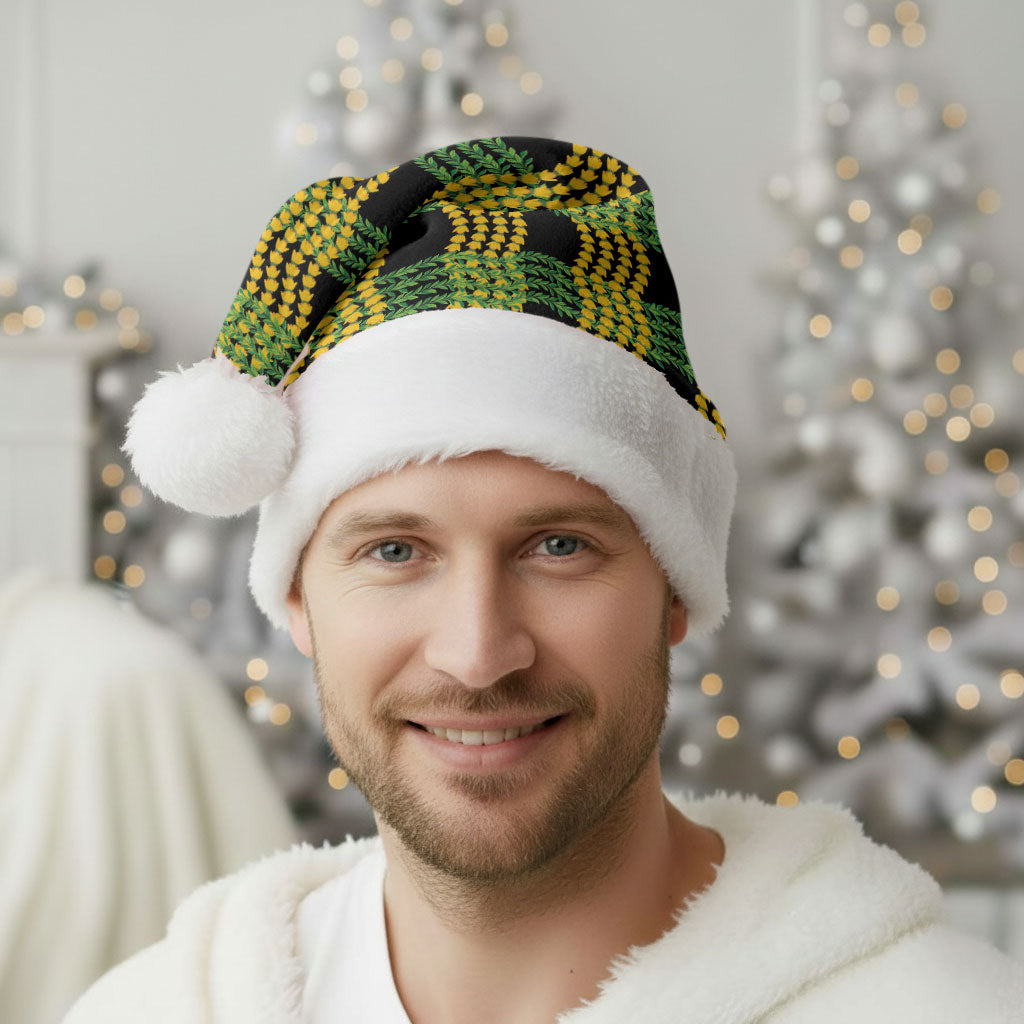 Aloha Hawaii Ilima Maile Lei Christmas Santa Hat Palaka Inspired Hawaiian-plaid Black