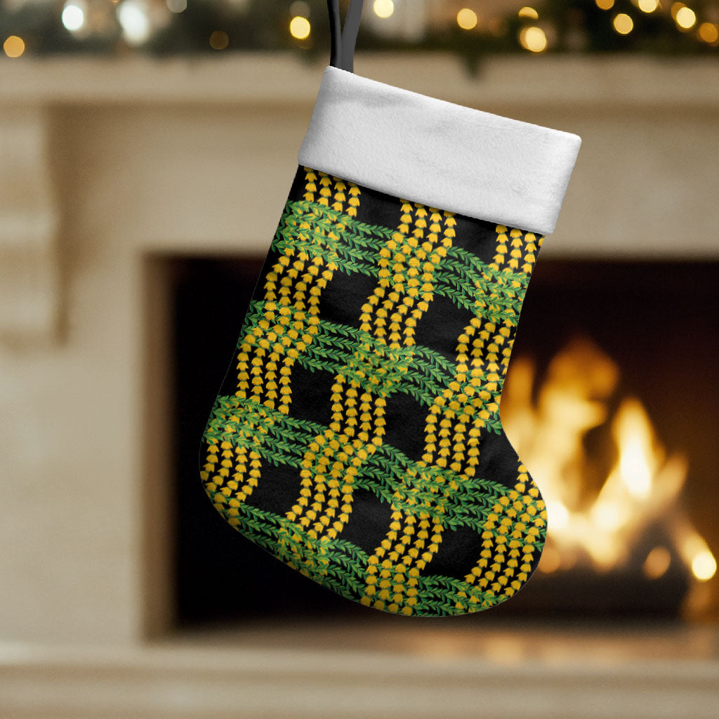 Aloha Hawaii Ilima Maile Lei Christmas Stocking Palaka Inspired Hawaiian-plaid Black