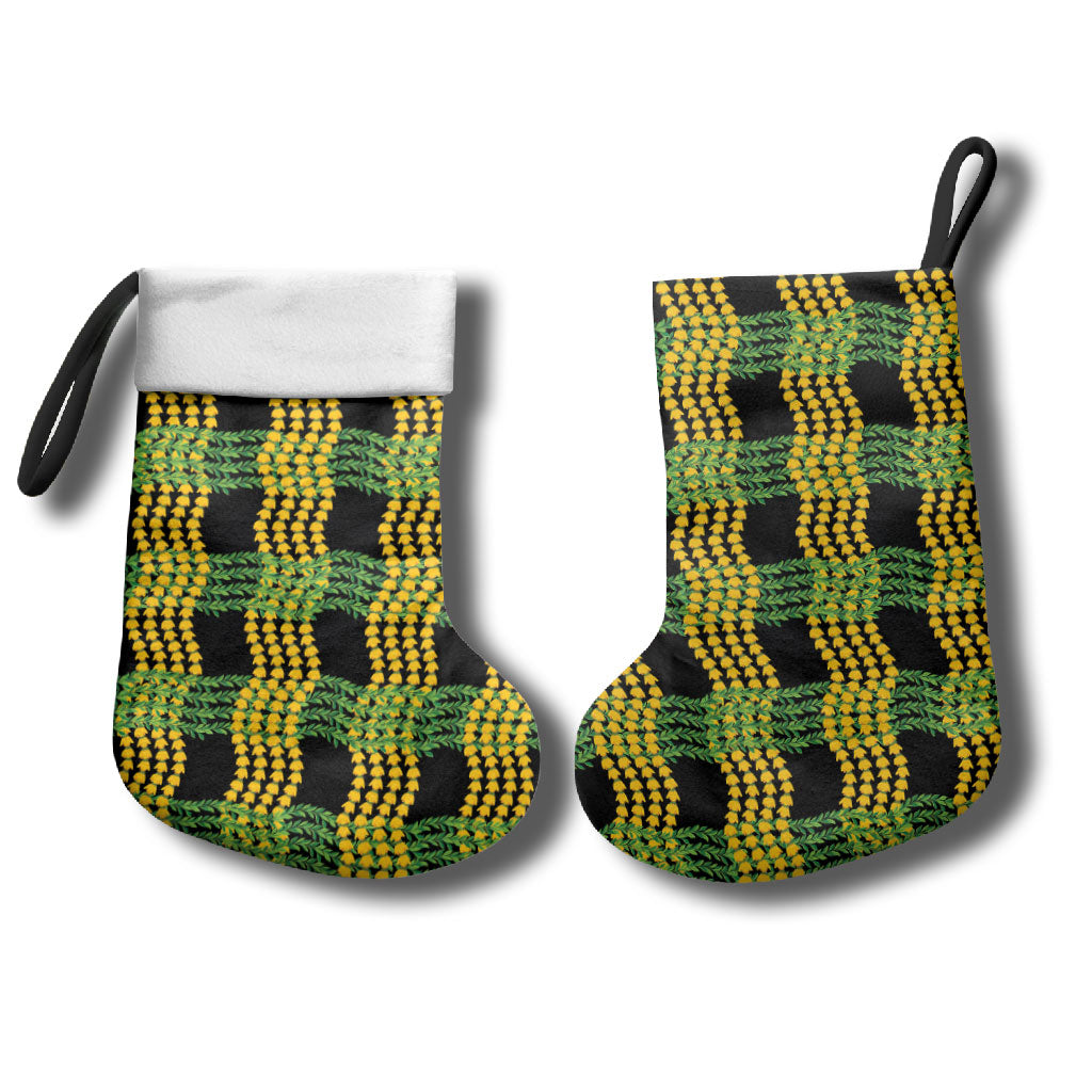 Aloha Hawaii Ilima Maile Lei Christmas Stocking Palaka Inspired Hawaiian-plaid Black