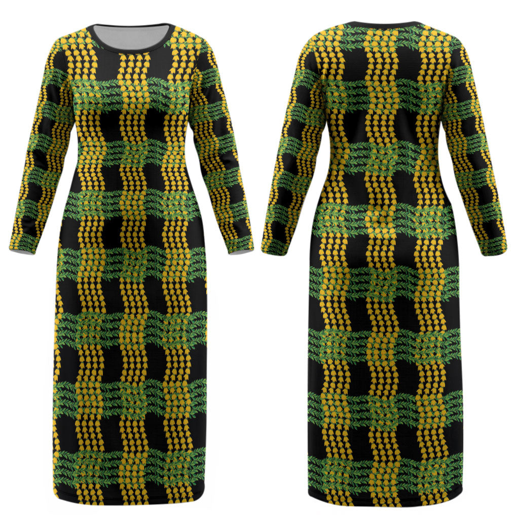 Aloha Hawaii Ilima Maile Lei Couples Matching Long Sleeve Bodycon Dress and Hawaiian Shirt Palaka Inspired Hawaiian-plaid Black
