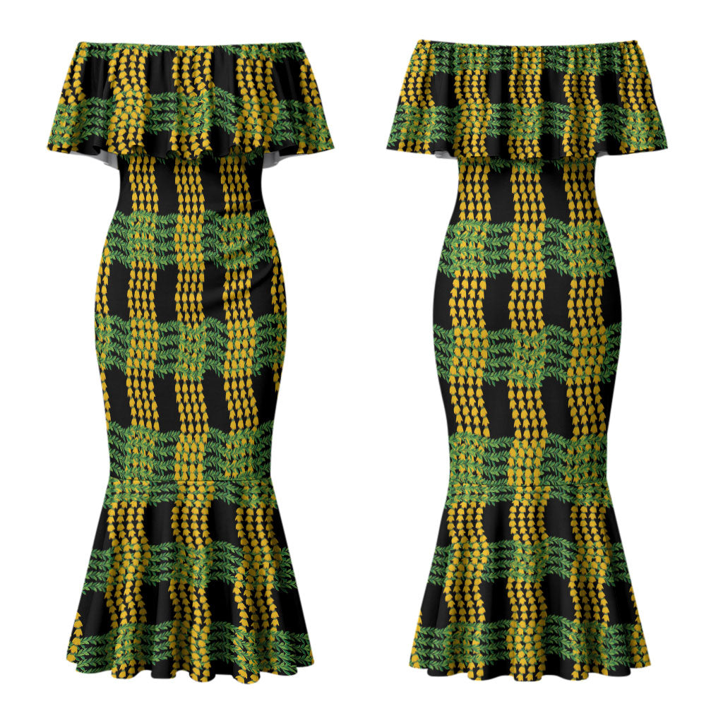 Aloha Hawaii Ilima Maile Lei Couples Matching Mermaid Dress and Hawaiian Shirt Palaka Inspired Hawaiian-plaid Black