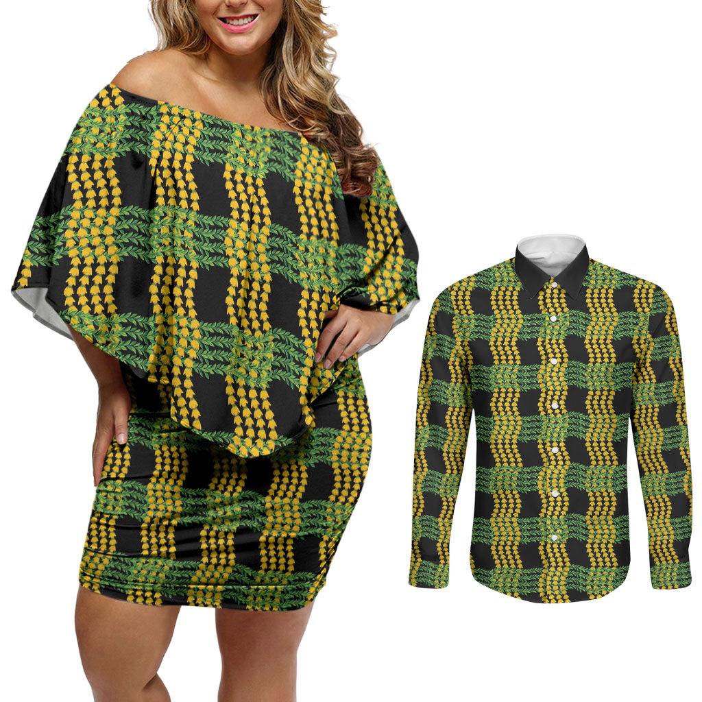 Aloha Hawaii Ilima Maile Lei Couples Matching Off Shoulder Short Dress and Long Sleeve Button Shirt Palaka Inspired Hawaiian-plaid Black