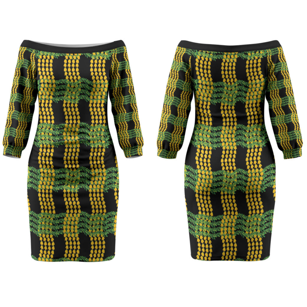 Aloha Hawaii Ilima Maile Lei Couples Matching Off The Shoulder Long Sleeve Dress and Hawaiian Shirt Palaka Inspired Hawaiian-plaid Black