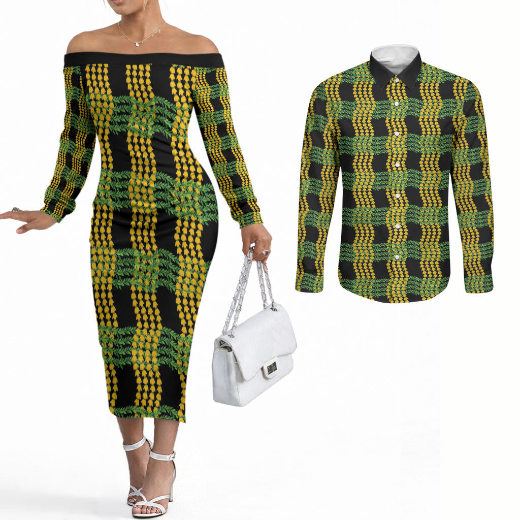 Aloha Hawaii Ilima Maile Lei Couples Matching Off The Shoulder Long Sleeve Dress and Long Sleeve Button Shirt Palaka Inspired Hawaiian-plaid Black