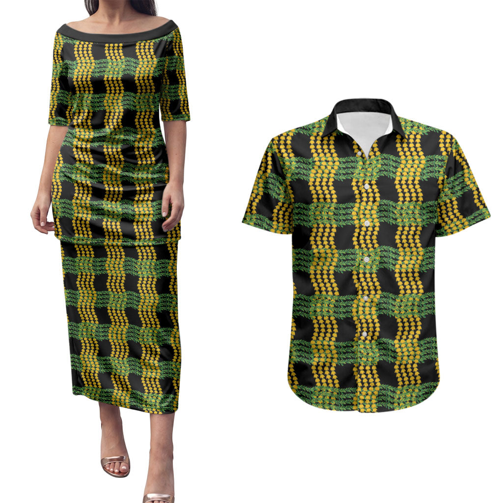 Aloha Hawaii Ilima Maile Lei Couples Matching Puletasi and Hawaiian Shirt Palaka Inspired Hawaiian-plaid Black