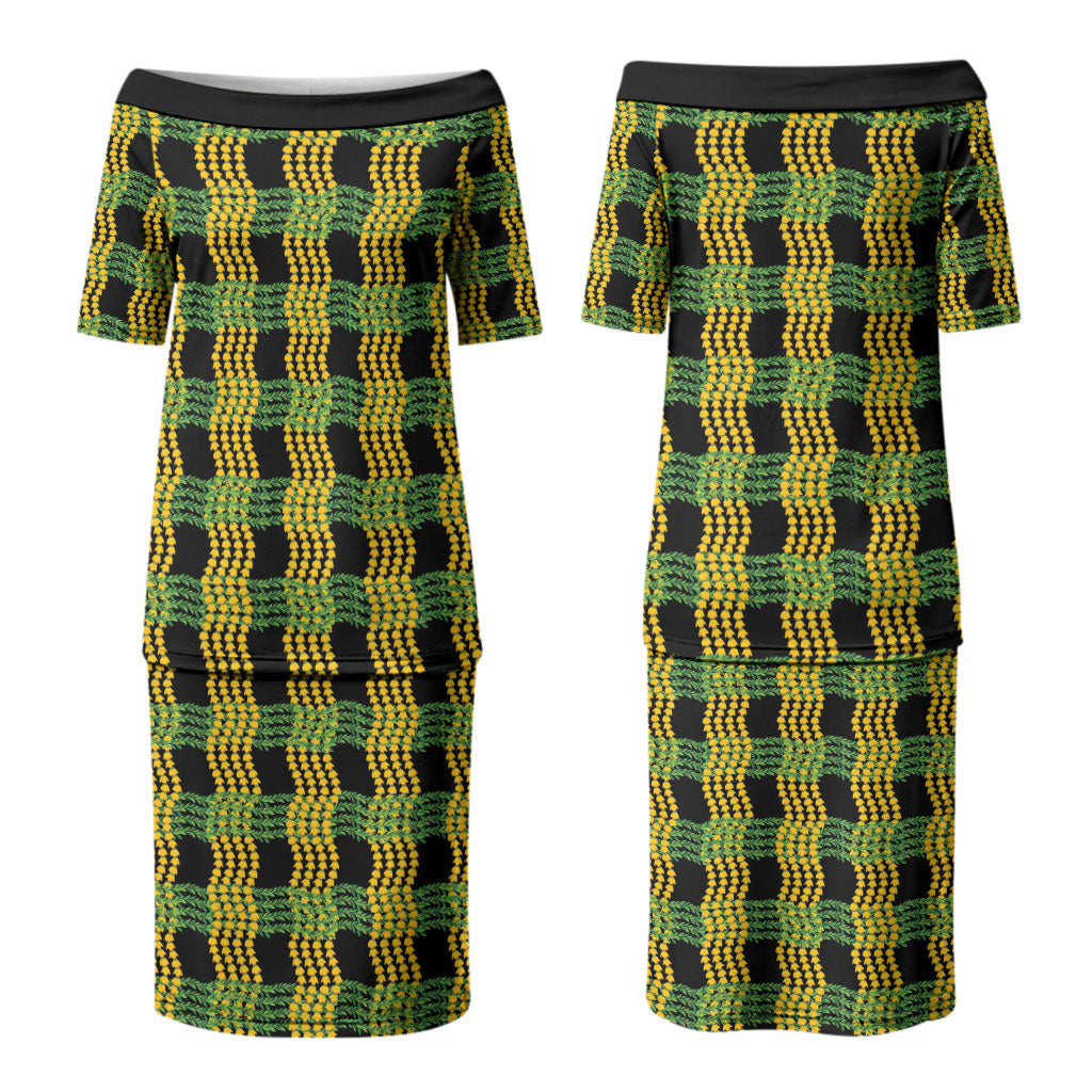 Aloha Hawaii Ilima Maile Lei Couples Matching Puletasi and Hawaiian Shirt Palaka Inspired Hawaiian-plaid Black
