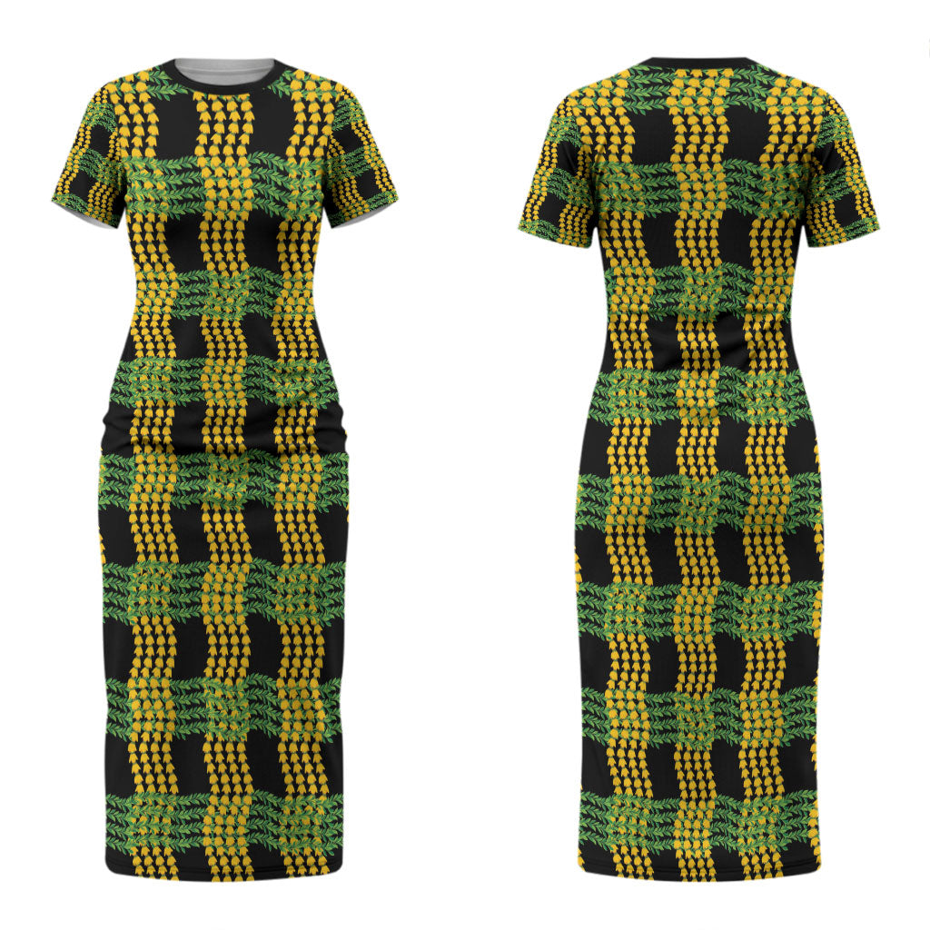Aloha Hawaii Ilima Maile Lei Couples Matching Short Sleeve Bodycon Dress and Hawaiian Shirt Palaka Inspired Hawaiian-plaid Black