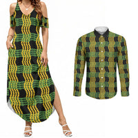Aloha Hawaii Ilima Maile Lei Couples Matching Summer Maxi Dress and Long Sleeve Button Shirt Palaka Inspired Hawaiian-plaid Black