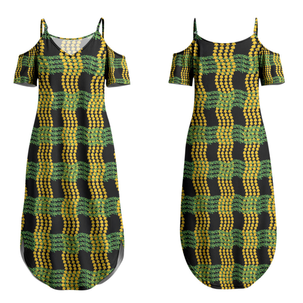Aloha Hawaii Ilima Maile Lei Couples Matching Summer Maxi Dress and Long Sleeve Button Shirt Palaka Inspired Hawaiian-plaid Black