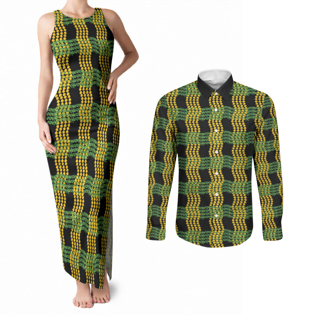 Aloha Hawaii Ilima Maile Lei Couples Matching Tank Maxi Dress and Long Sleeve Button Shirt Palaka Inspired Hawaiian-plaid Black