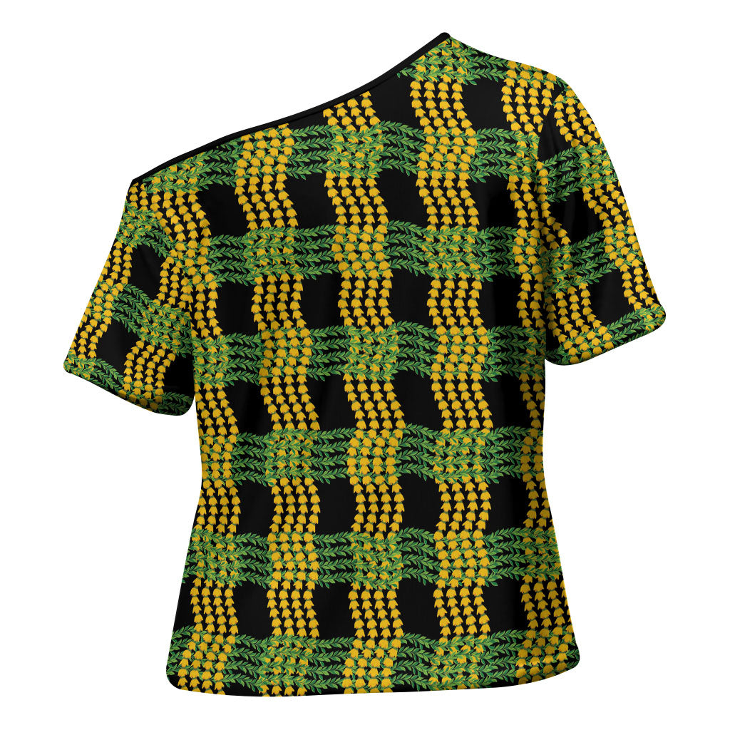 Aloha Hawaii Ilima Maile Lei Cross Shoulder Shirt Palaka Inspired Hawaiian-plaid Black