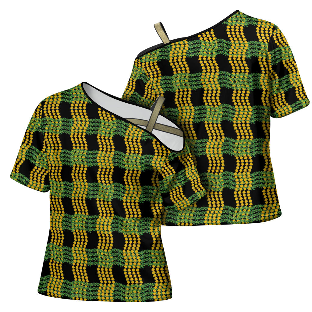 Aloha Hawaii Ilima Maile Lei Cross Shoulder Shirt Palaka Inspired Hawaiian-plaid Black