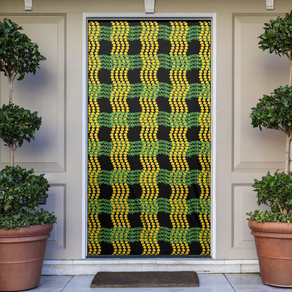 Aloha Hawaii Ilima Maile Lei Door Cover Palaka Inspired Hawaiian-plaid Black