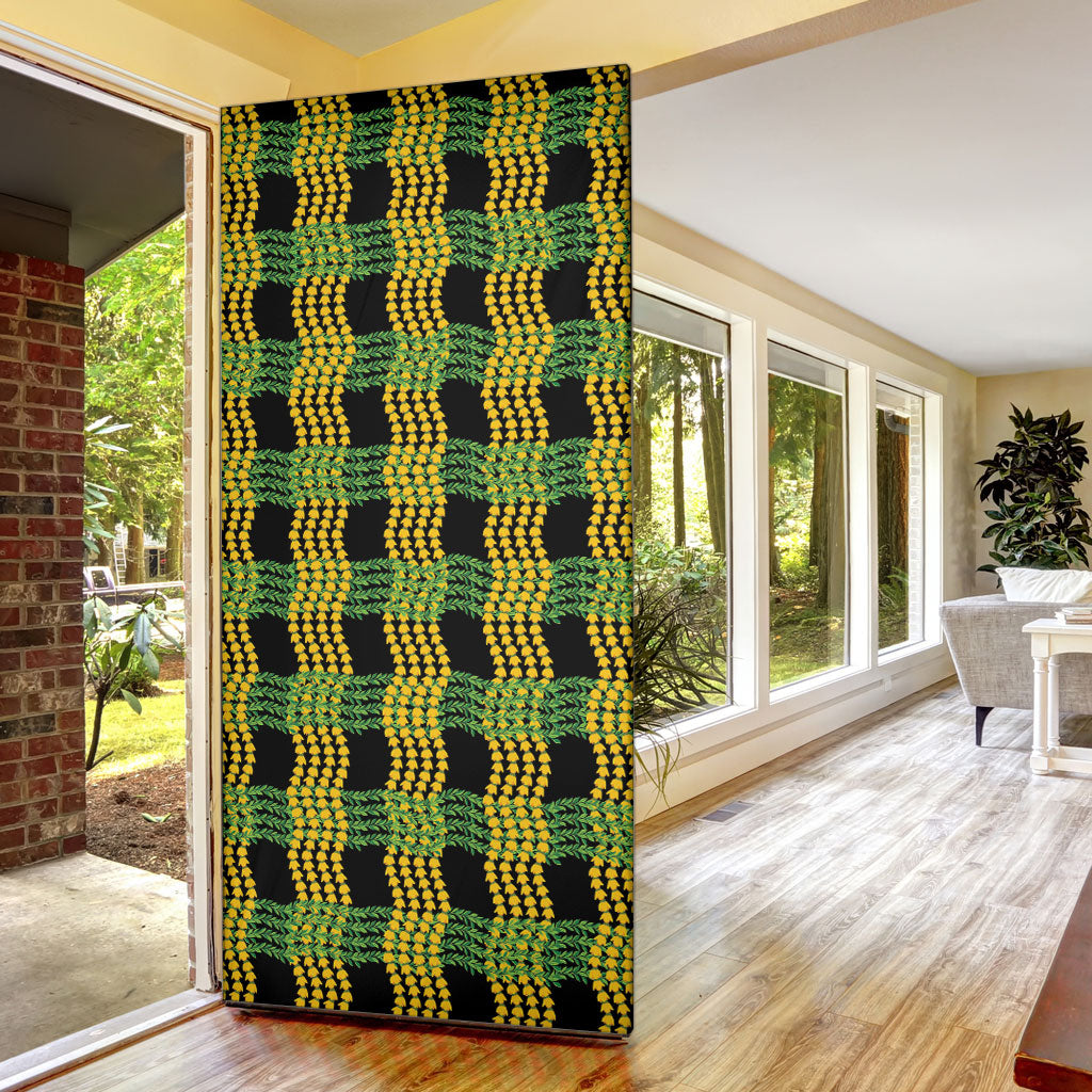 Aloha Hawaii Ilima Maile Lei Door Cover Palaka Inspired Hawaiian-plaid Black