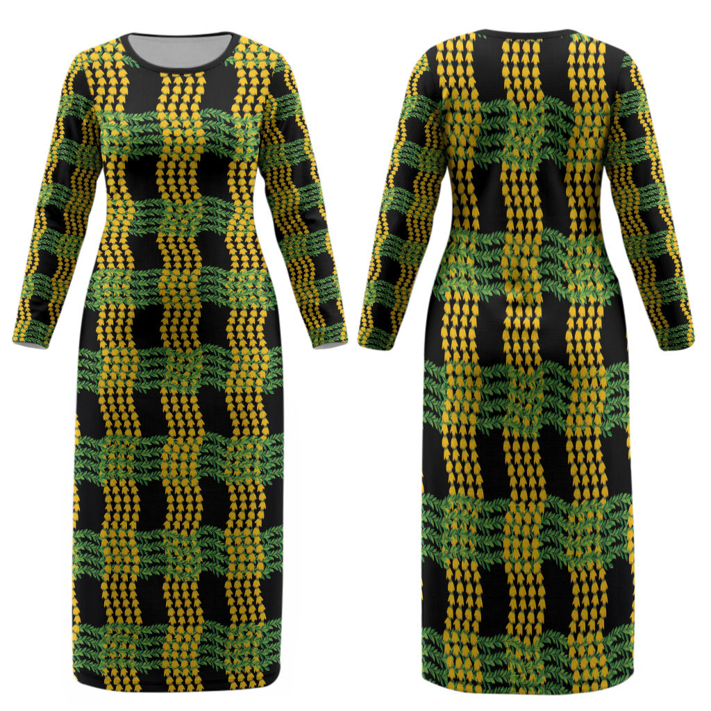Aloha Hawaii Ilima Maile Lei Family Matching Long Sleeve Bodycon Dress and Hawaiian Shirt Palaka Inspired Hawaiian-plaid Black