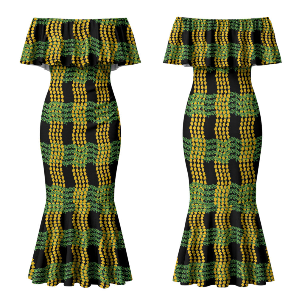 Aloha Hawaii Ilima Maile Lei Family Matching Mermaid Dress and Hawaiian Shirt Palaka Inspired Hawaiian-plaid Black