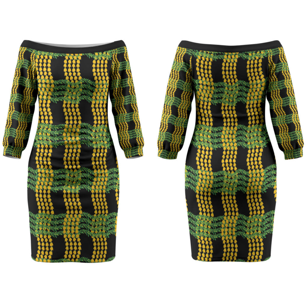 Aloha Hawaii Ilima Maile Lei Family Matching Off The Shoulder Long Sleeve Dress and Hawaiian Shirt Palaka Inspired Hawaiian-plaid Black