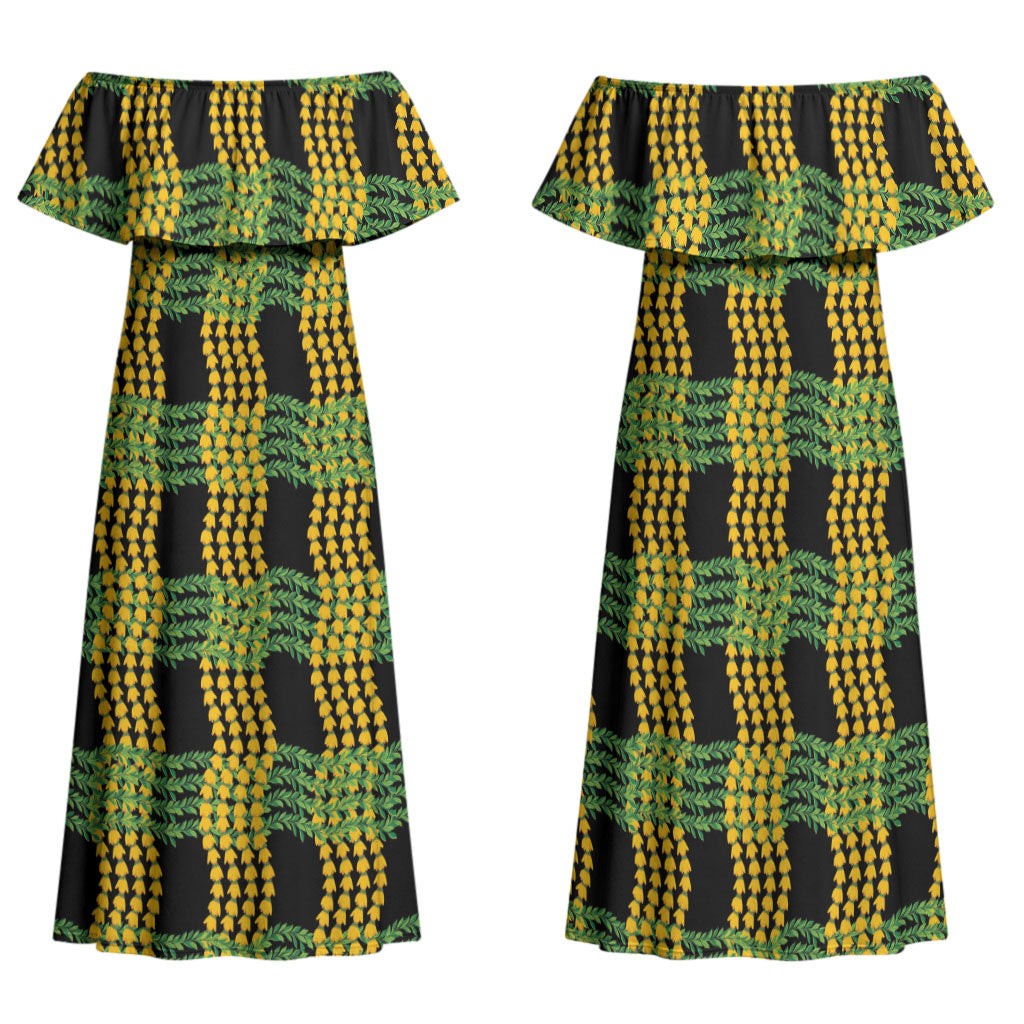Aloha Hawaii Ilima Maile Lei Family Matching Off Shoulder Maxi Dress and Hawaiian Shirt Palaka Inspired Hawaiian-plaid Black