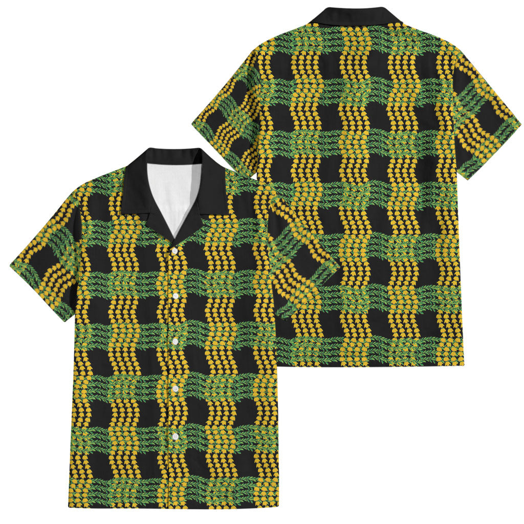 Aloha Hawaii Ilima Maile Lei Family Matching Off Shoulder Short Dress and Hawaiian Shirt Palaka Inspired Hawaiian-plaid Black