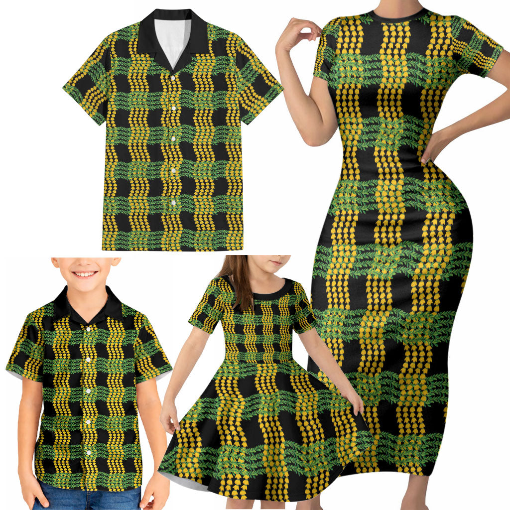 Aloha Hawaii Ilima Maile Lei Family Matching Short Sleeve Bodycon Dress and Hawaiian Shirt Palaka Inspired Hawaiian-plaid Black