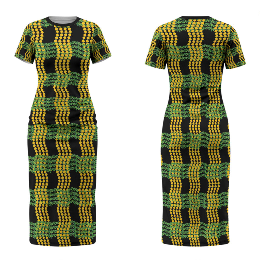 Aloha Hawaii Ilima Maile Lei Family Matching Short Sleeve Bodycon Dress and Hawaiian Shirt Palaka Inspired Hawaiian-plaid Black