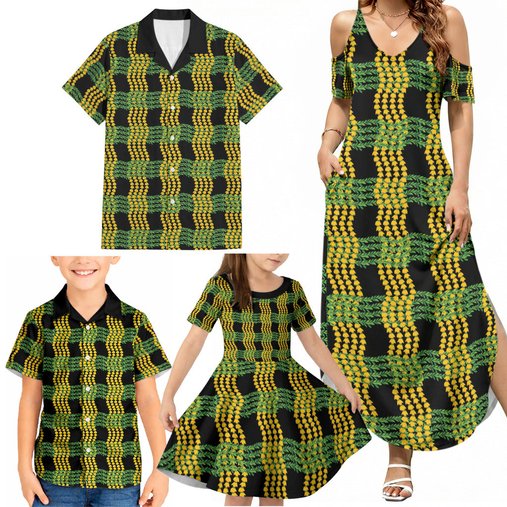 Aloha Hawaii Ilima Maile Lei Family Matching Summer Maxi Dress and Hawaiian Shirt Palaka Inspired Hawaiian-plaid Black