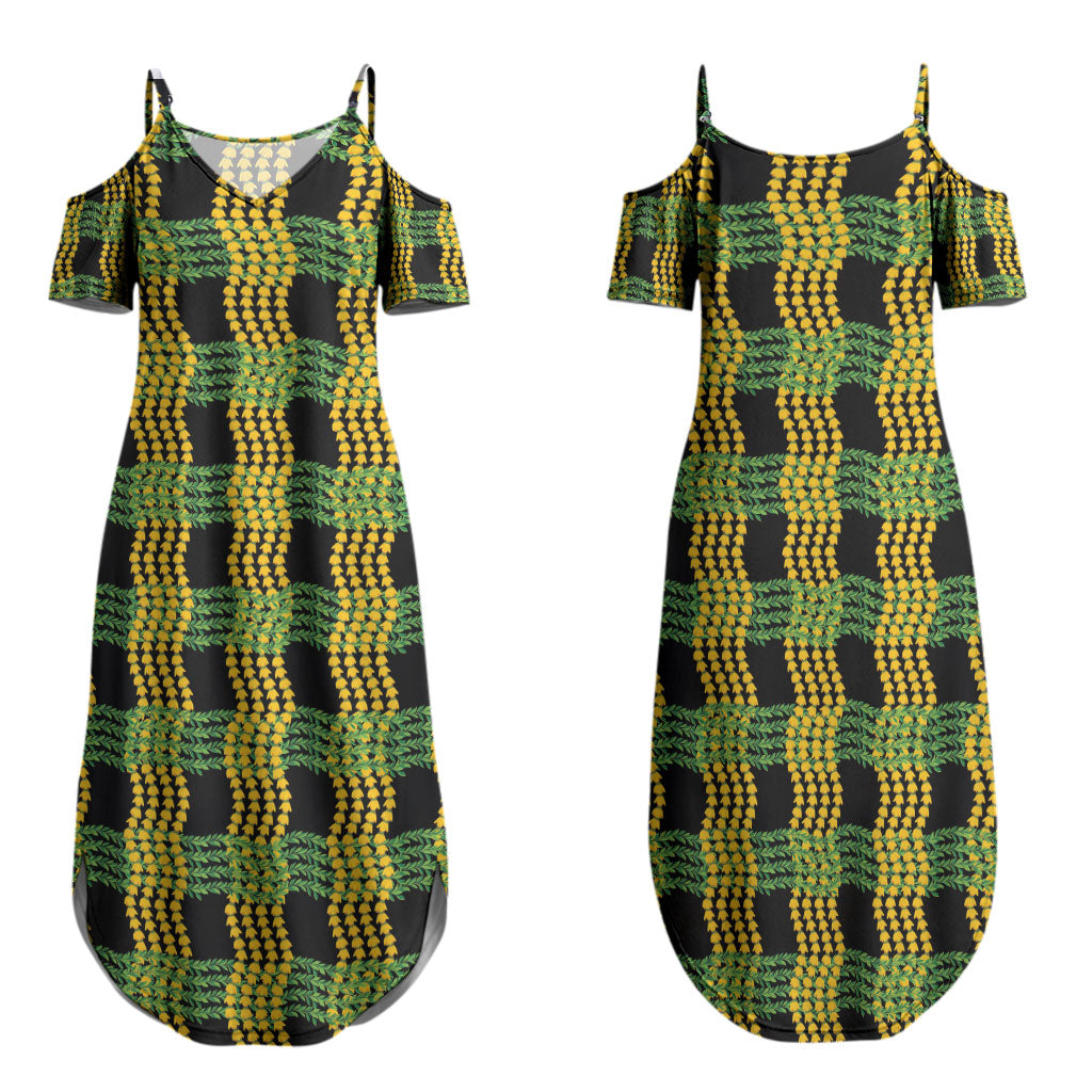 Aloha Hawaii Ilima Maile Lei Family Matching Summer Maxi Dress and Hawaiian Shirt Palaka Inspired Hawaiian-plaid Black