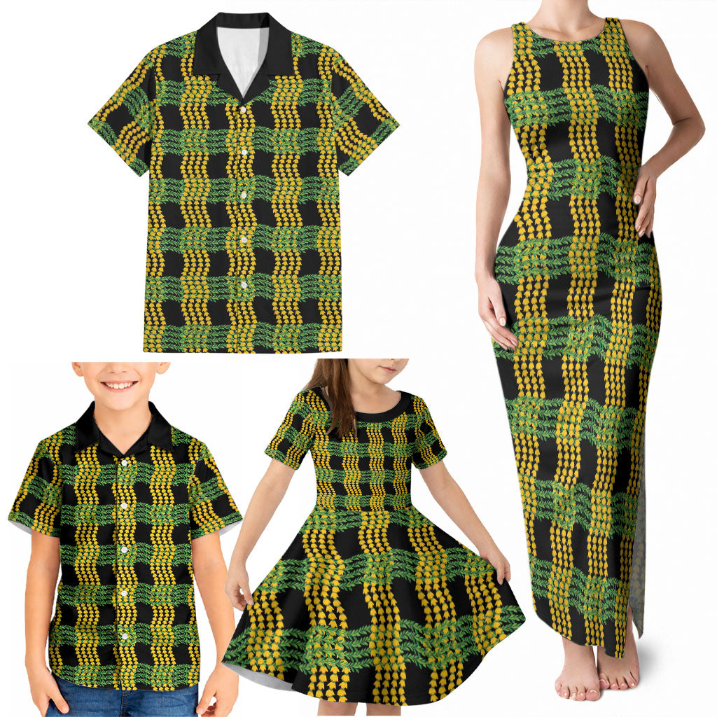 Aloha Hawaii Ilima Maile Lei Family Matching Tank Maxi Dress and Hawaiian Shirt Palaka Inspired Hawaiian-plaid Black